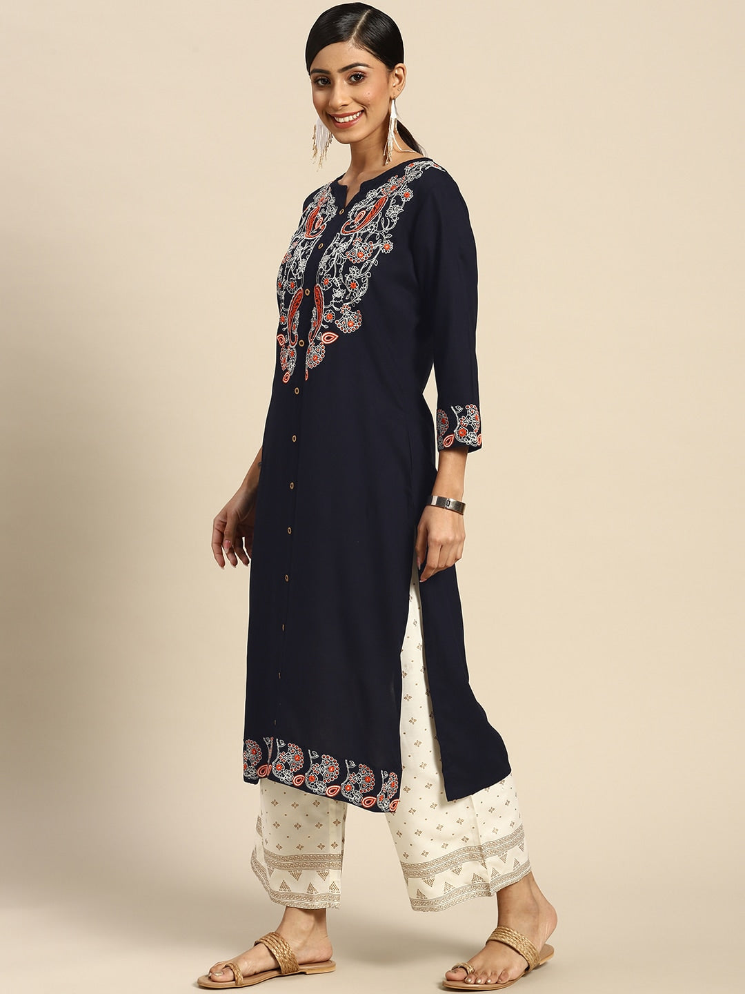 Sangria Women Navy Blue Ethnic Motifs Embroidered Kurta with Palazzos