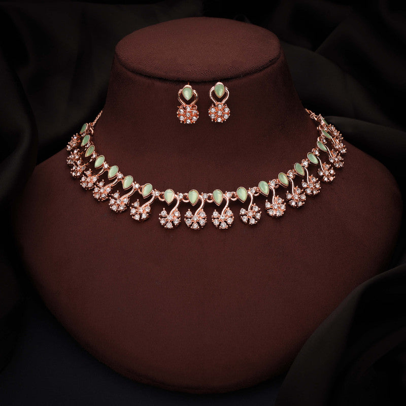 Tehzeeb Creations Rose Gold-Polished Sea Green Choker Necklace With Dangle Earrings