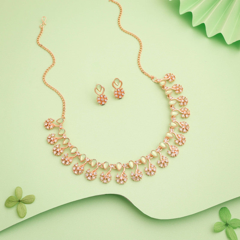 Tehzeeb Creations Rose Gold-Polished Sea Green Choker Necklace With Dangle Earrings