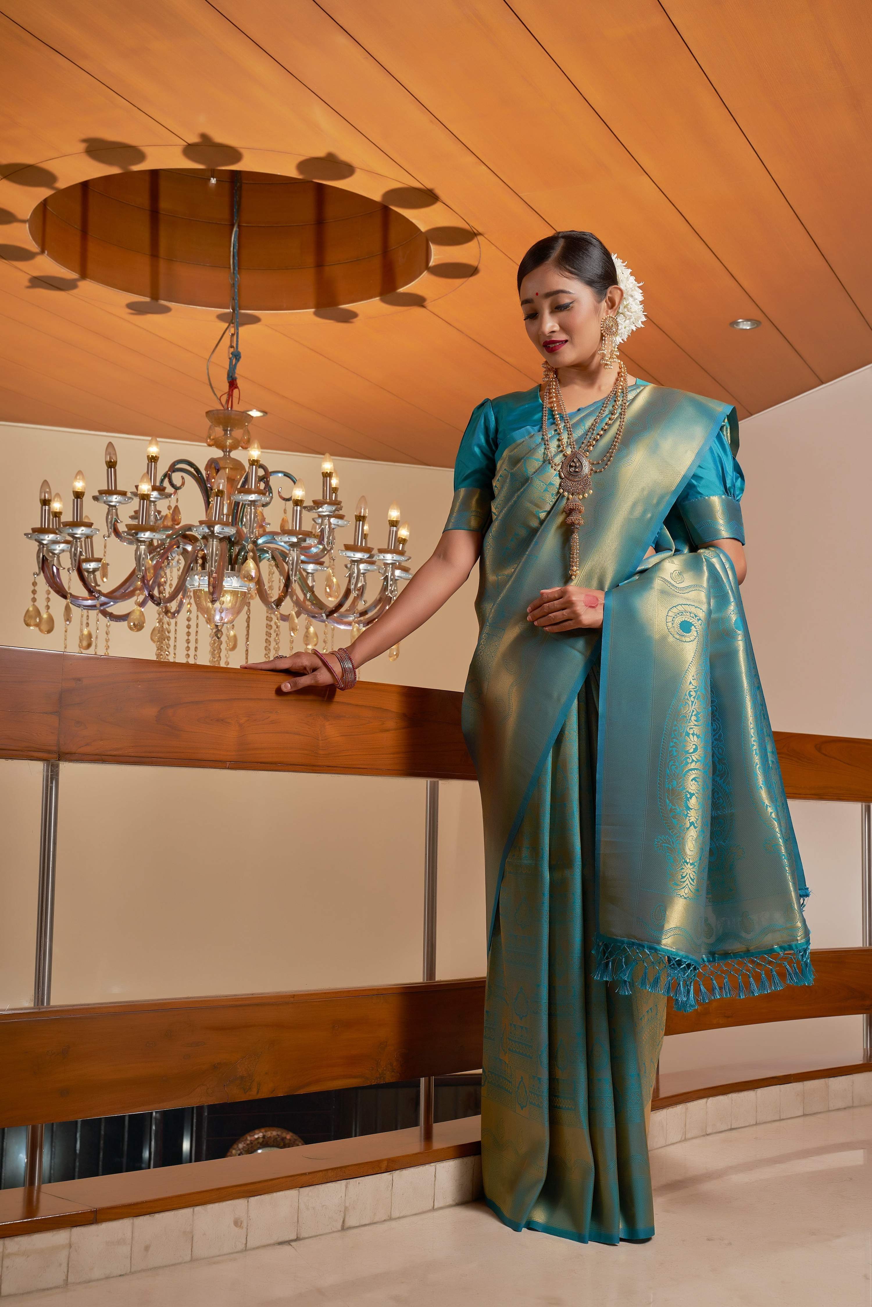 Vardha Cobalt Blue Golden Zari Buttis Kanjeevaram Silk Saree
