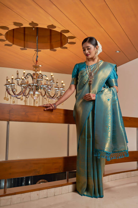 Vardha Cobalt Blue Golden Zari Buttis Kanjeevaram Silk Saree