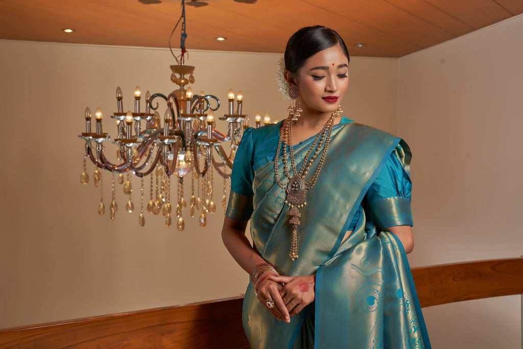 Vardha Cobalt Blue Golden Zari Buttis Kanjeevaram Silk Saree