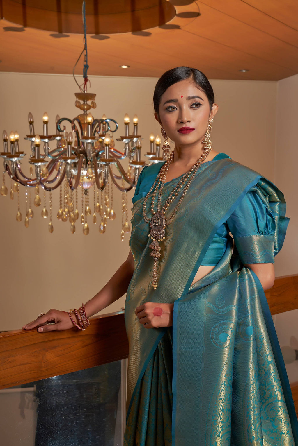 Vardha Cobalt Blue Golden Zari Buttis Kanjeevaram Silk Saree