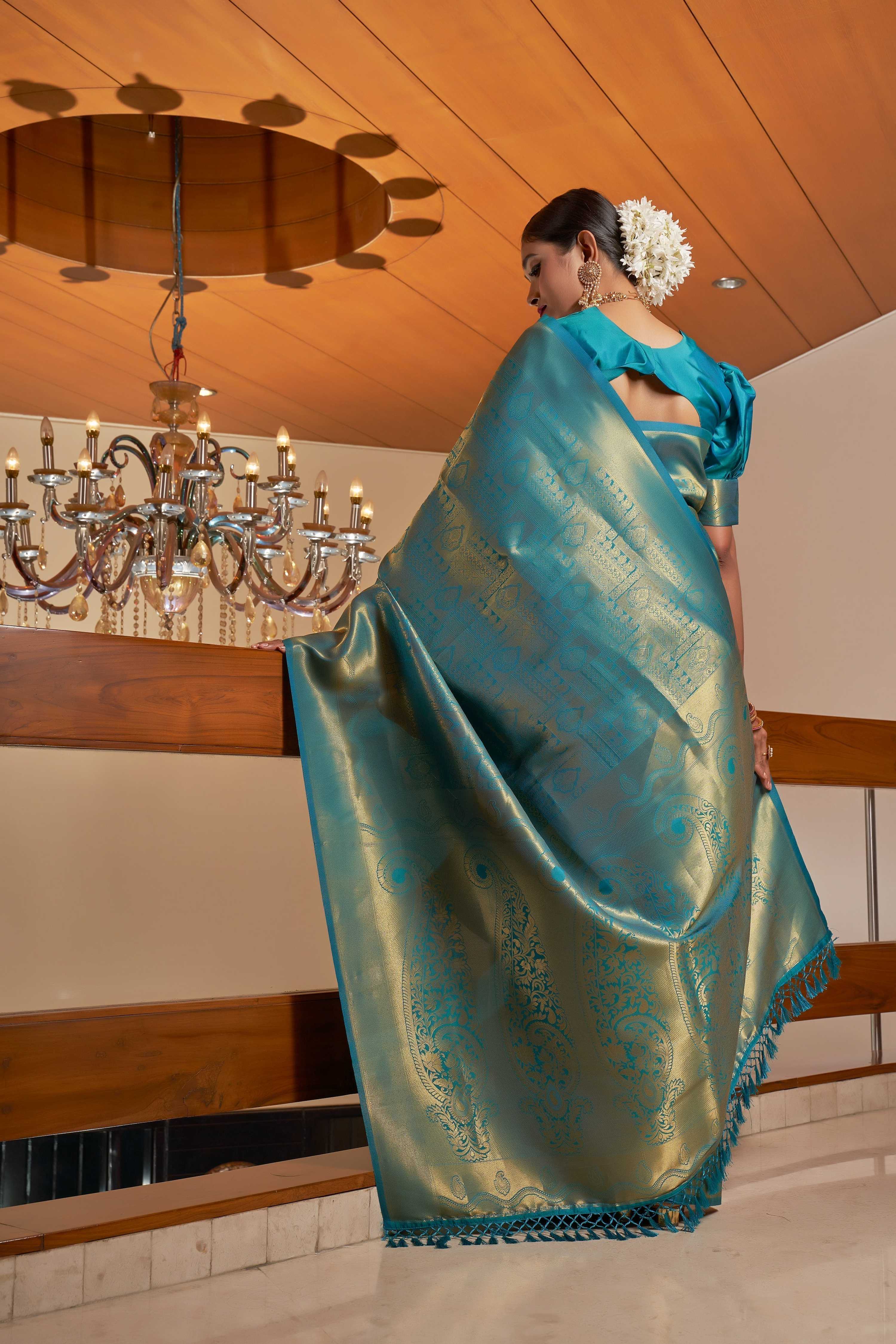 Vardha Cobalt Blue Golden Zari Buttis Kanjeevaram Silk Saree