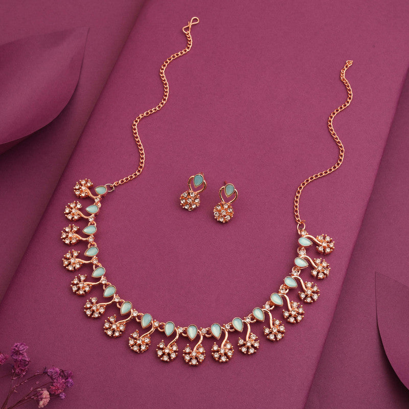 Tehzeeb Creations Rose Gold-Polished Sky Blue Choker Necklace With Dangle Earrings