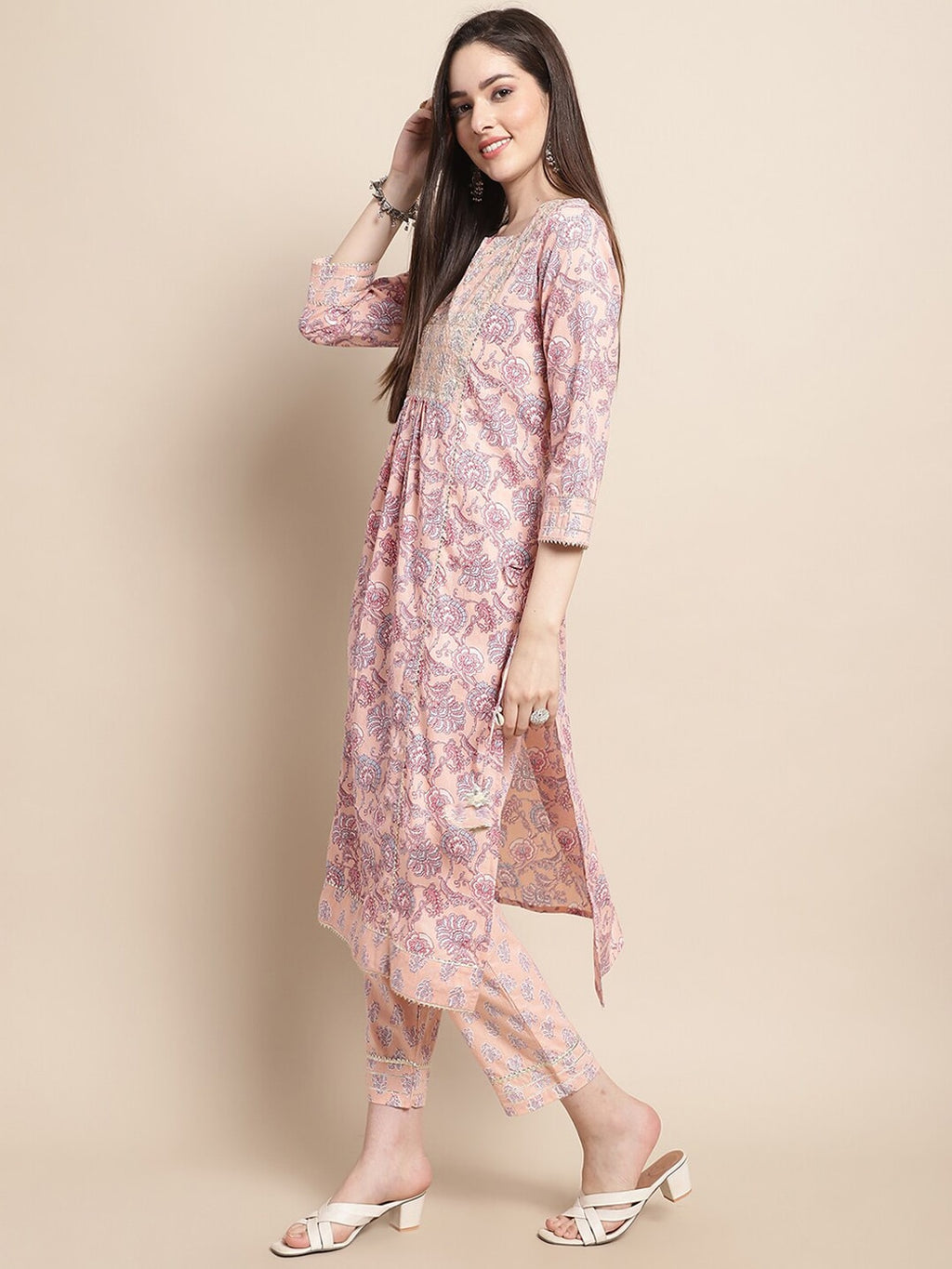 Sangria Printed & Embroidered Pure Cotton A-Line Kurta With Trouser & Dupatta - Distacart