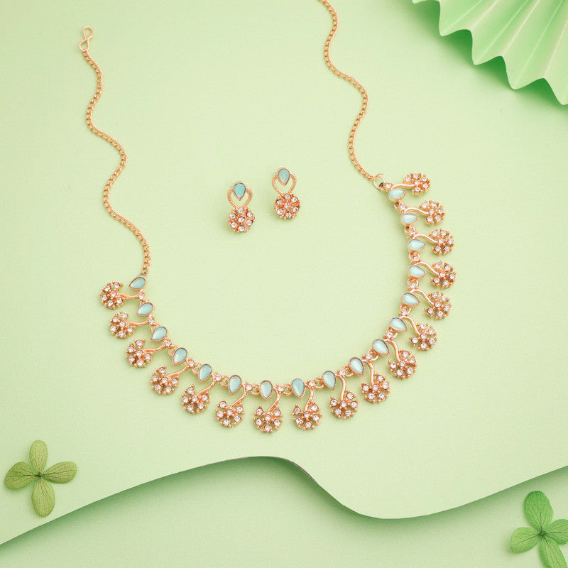 Tehzeeb Creations Rose Gold-Polished Sky Blue Choker Necklace With Dangle Earrings