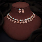 Tehzeeb Creations Rose Gold-Polished Sky Blue Choker Necklace With Dangle Earrings