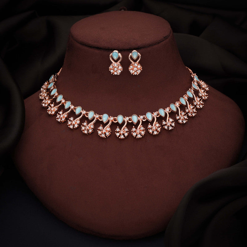 Tehzeeb Creations Rose Gold-Polished Sky Blue Choker Necklace With Dangle Earrings