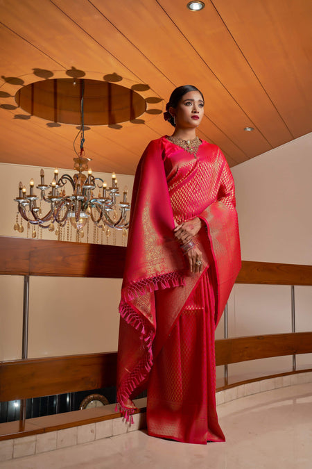 Vardha Scarlet Pink Golden Zari Kanjeevaram Silk Saree