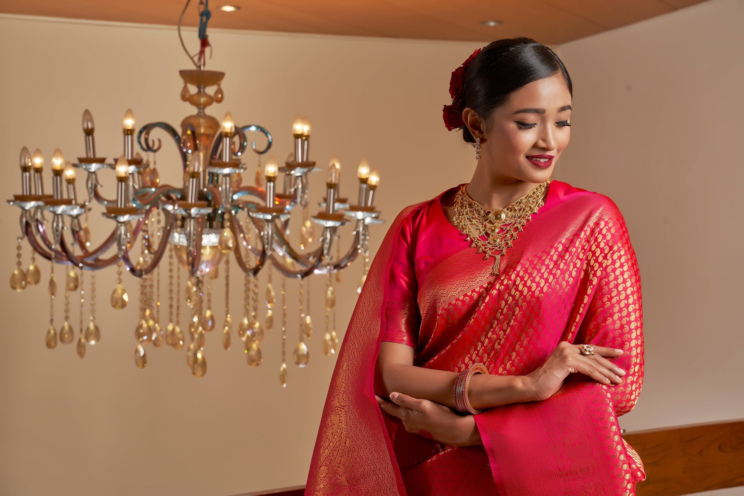 Vardha Scarlet Pink Golden Zari Kanjeevaram Silk Saree