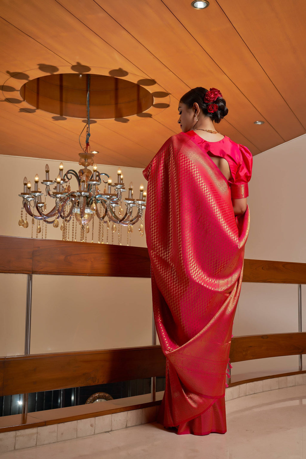 Vardha Scarlet Pink Golden Zari Kanjeevaram Silk Saree