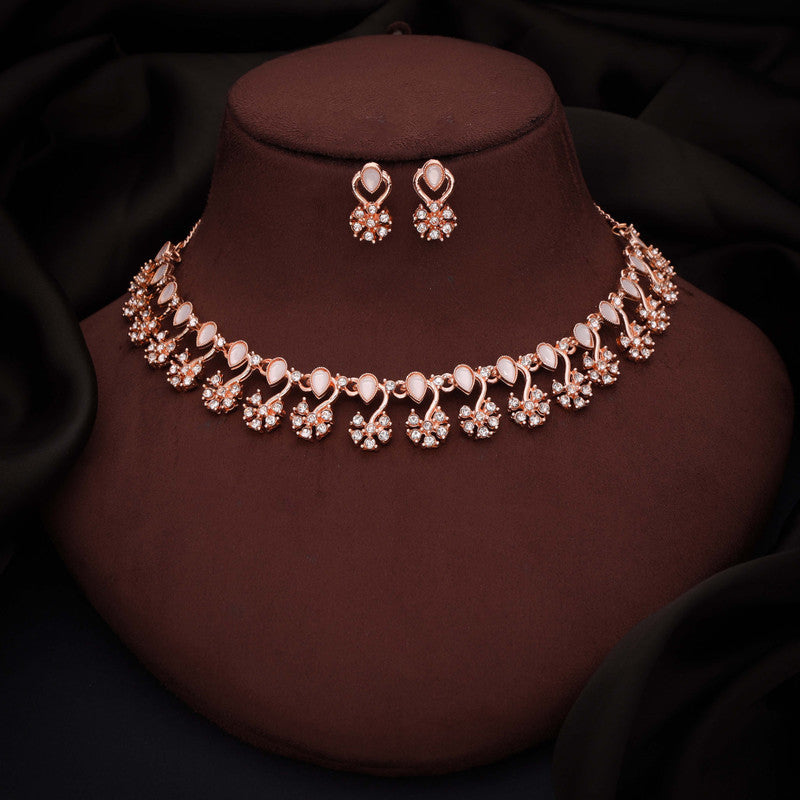Tehzeeb Creations Rose Gold-Polished White Choker Necklace With Dangle Earrings