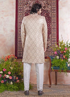 Raivat Ethnic Banarasi Jacquard Embroidery Indo Western Sherwani In Beige Colour