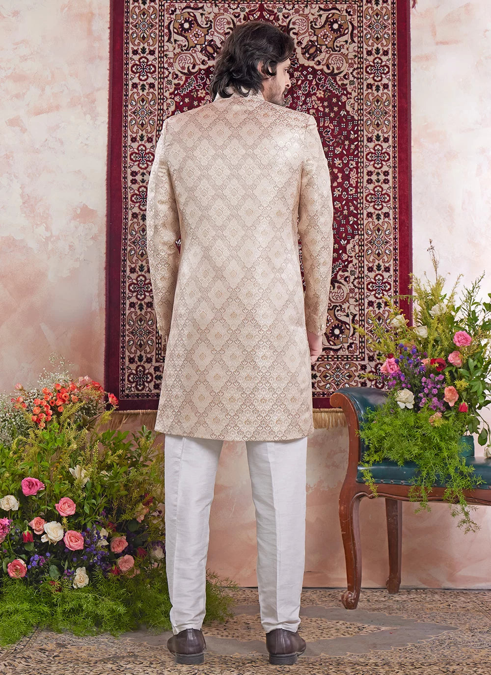 Raivat Ethnic Banarasi Jacquard Embroidery Indo Western Sherwani In Beige Colour