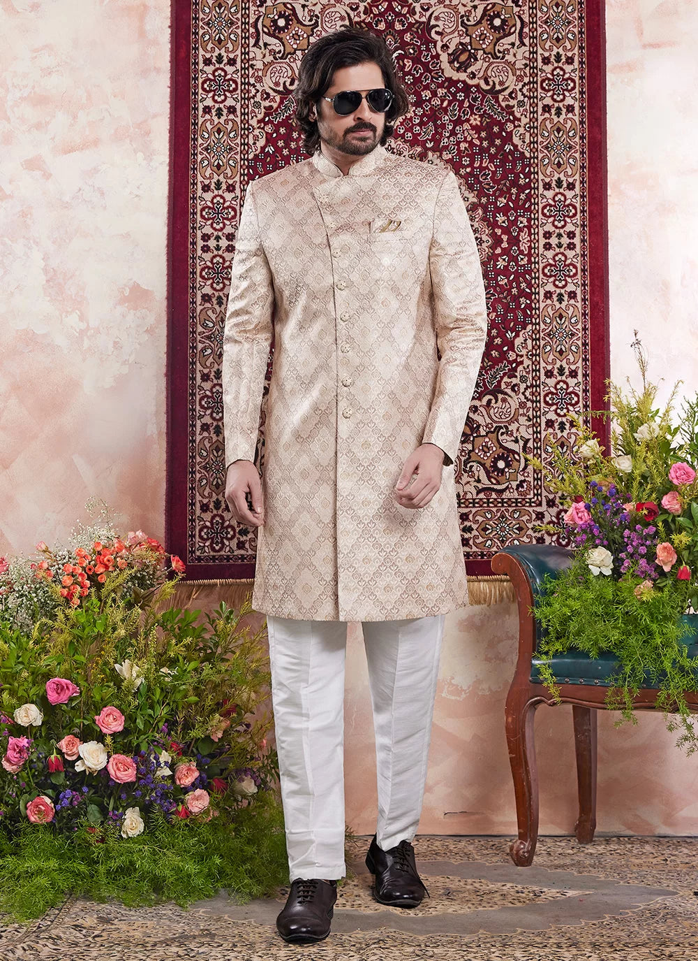 Raivat Ethnic Banarasi Jacquard Embroidery Indo Western Sherwani In Beige Colour