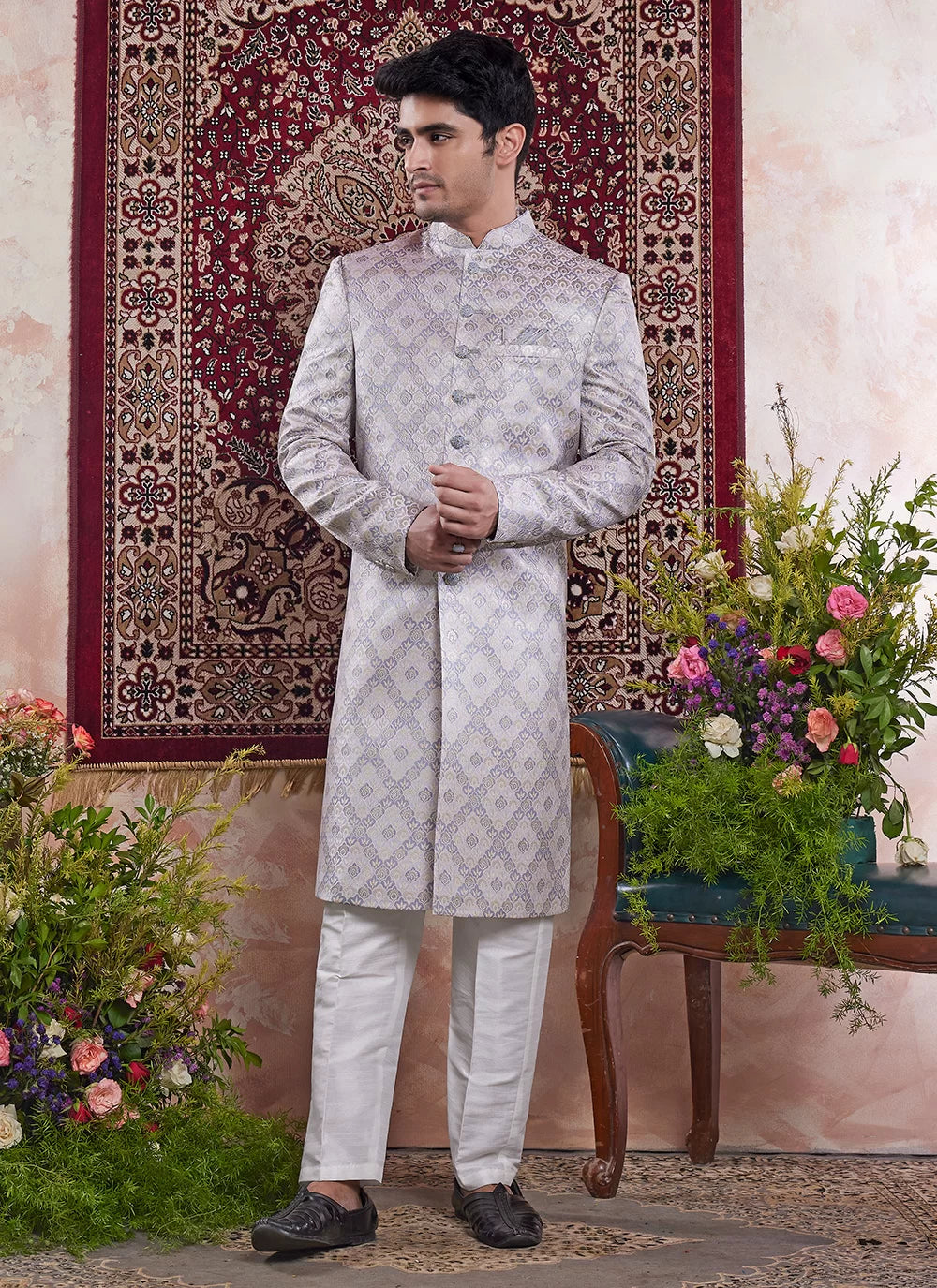 Raivat Ethnic Banarasi Jacquard Embroidery Indo Western Sherwani In Grey Colour
