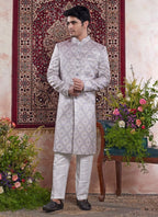 Raivat Ethnic Banarasi Jacquard Embroidery Indo Western Sherwani In Grey Colour