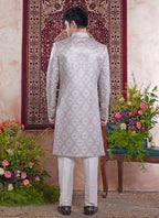 Raivat Ethnic Banarasi Jacquard Embroidery Indo Western Sherwani In Grey Colour