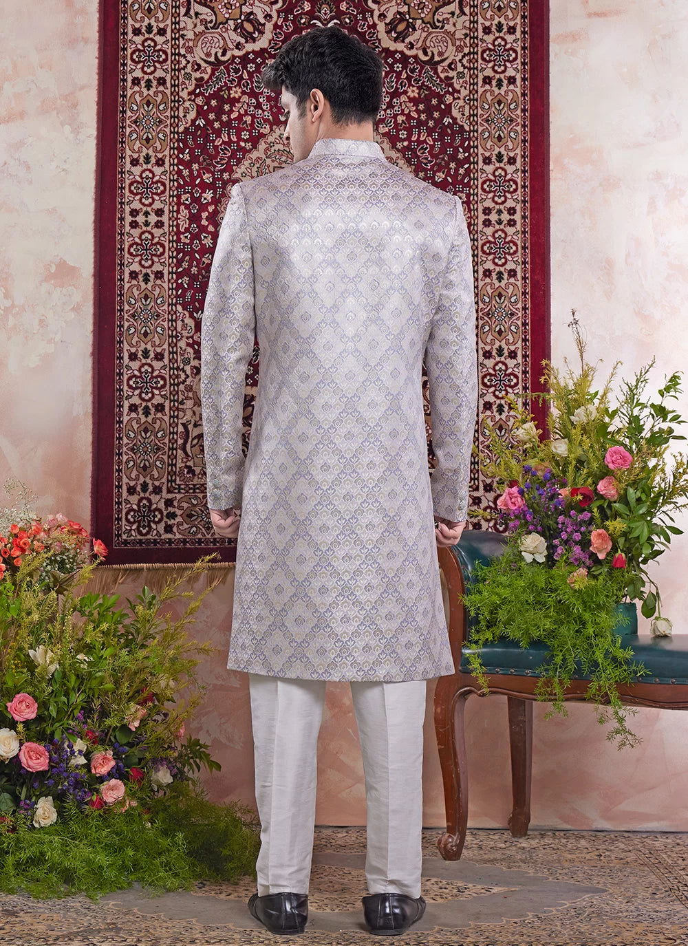Raivat Ethnic Banarasi Jacquard Embroidery Indo Western Sherwani In Grey Colour