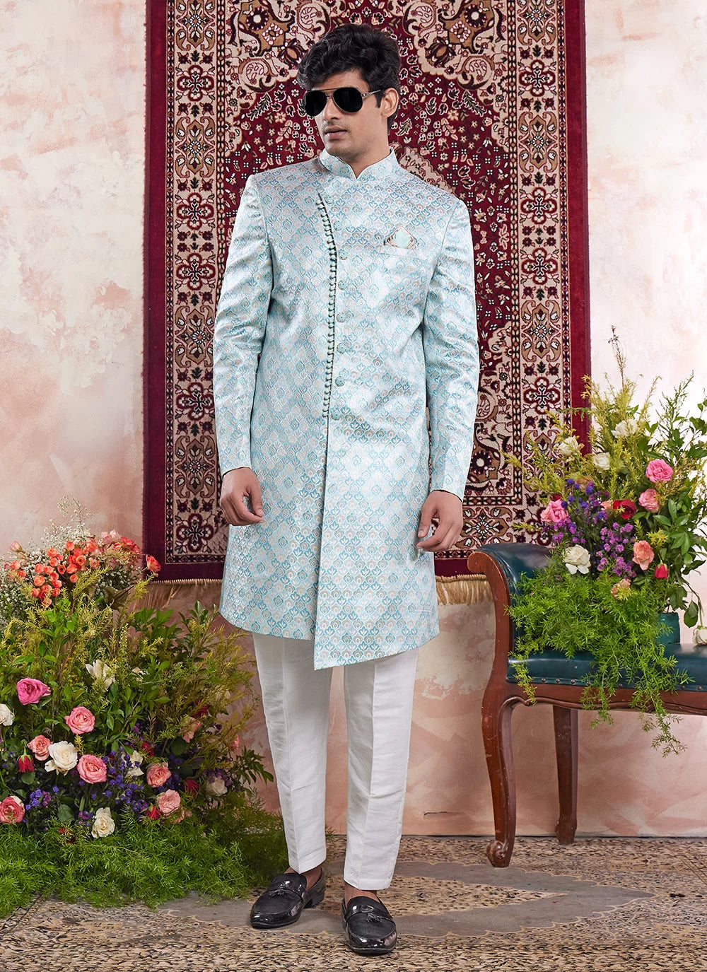Raivat Ethnic Banarasi Jacquard Embroidery Indo Western Sherwani In Green Colour