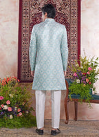 Raivat Ethnic Banarasi Jacquard Embroidery Indo Western Sherwani In Green Colour