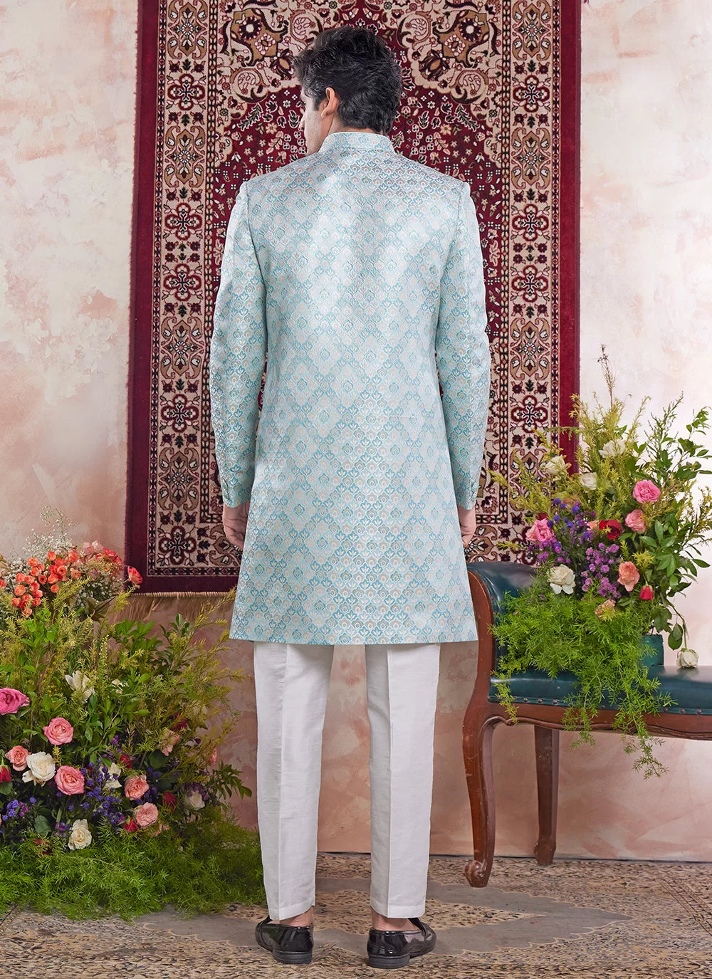 Raivat Ethnic Banarasi Jacquard Embroidery Indo Western Sherwani In Green Colour