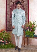 Raivat Ethnic Banarasi Jacquard Embroidery Indo Western Sherwani In Green Colour