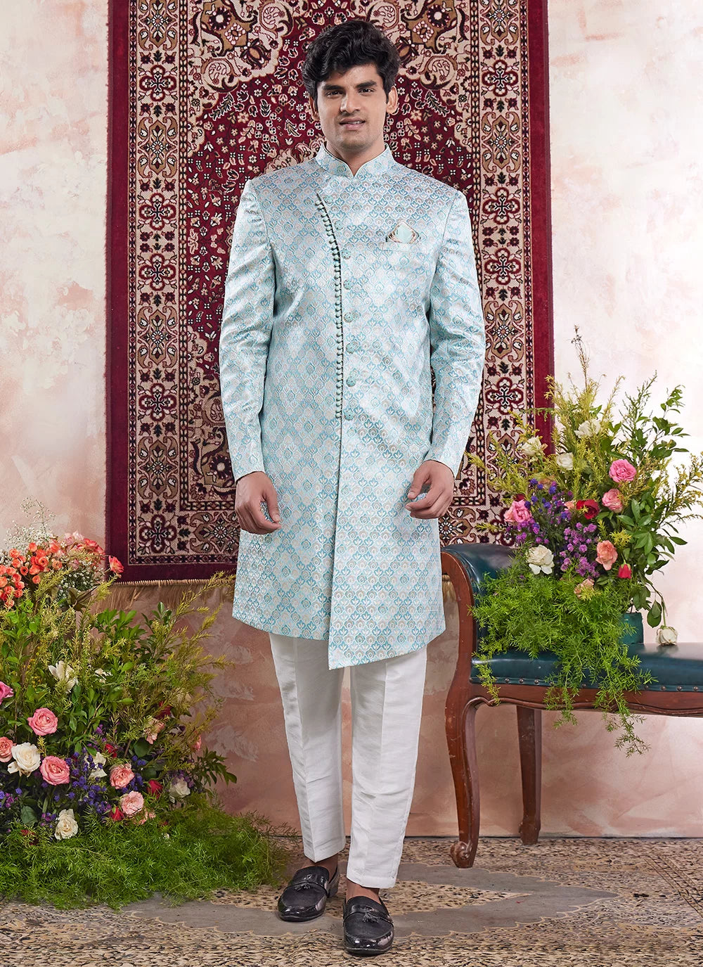 Raivat Ethnic Banarasi Jacquard Embroidery Indo Western Sherwani In Green Colour