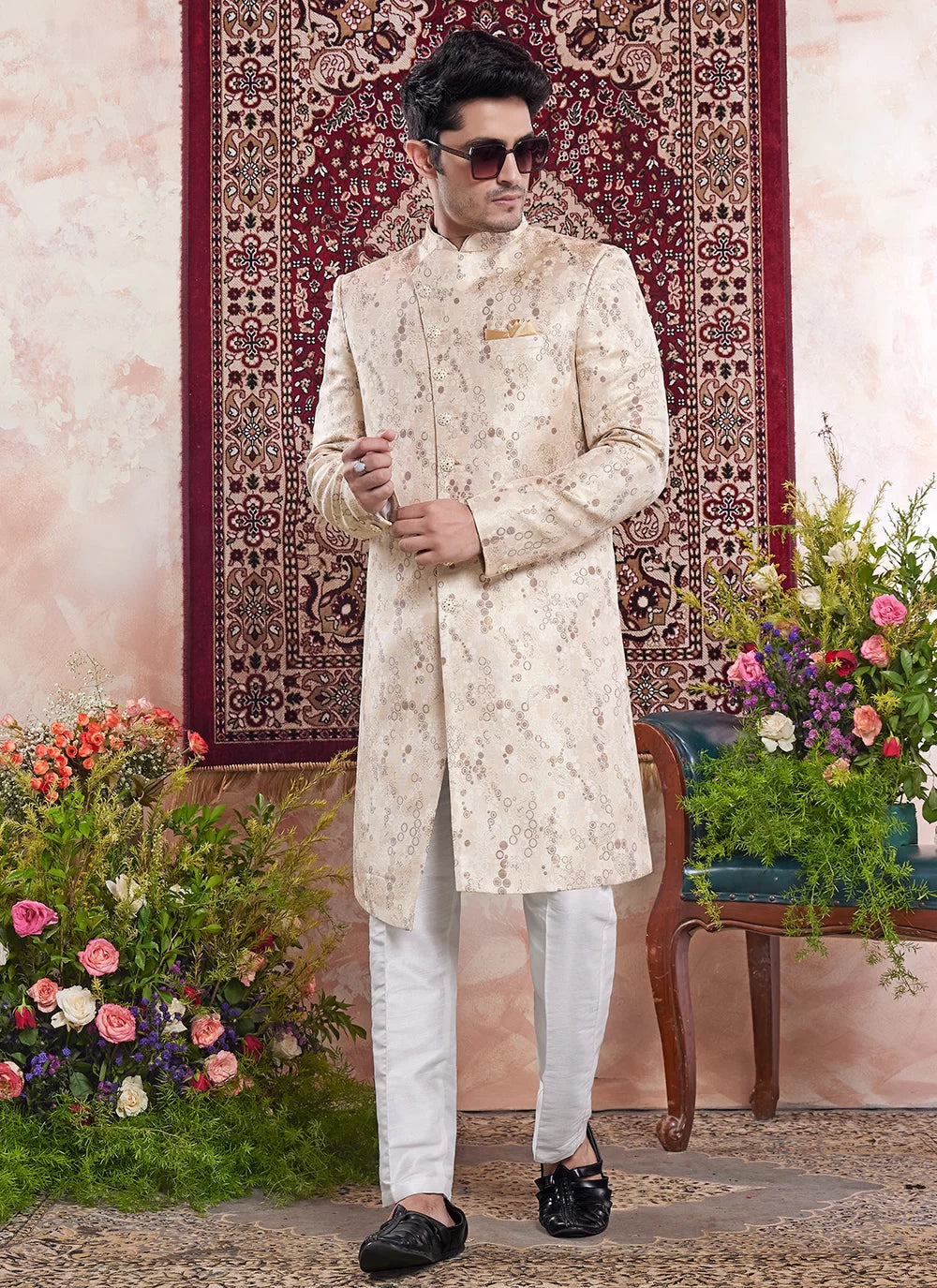 Raivat Ethnic Banarasi Jacquard Embroidery Indo Western Sherwani In Beige Colour