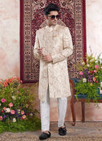 Raivat Ethnic Banarasi Jacquard Embroidery Indo Western Sherwani In Beige Colour