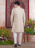 Raivat Ethnic Banarasi Jacquard Embroidery Indo Western Sherwani In Beige Colour