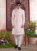 Raivat Ethnic Banarasi Jacquard Embroidery Indo Western Sherwani In Pink Colour