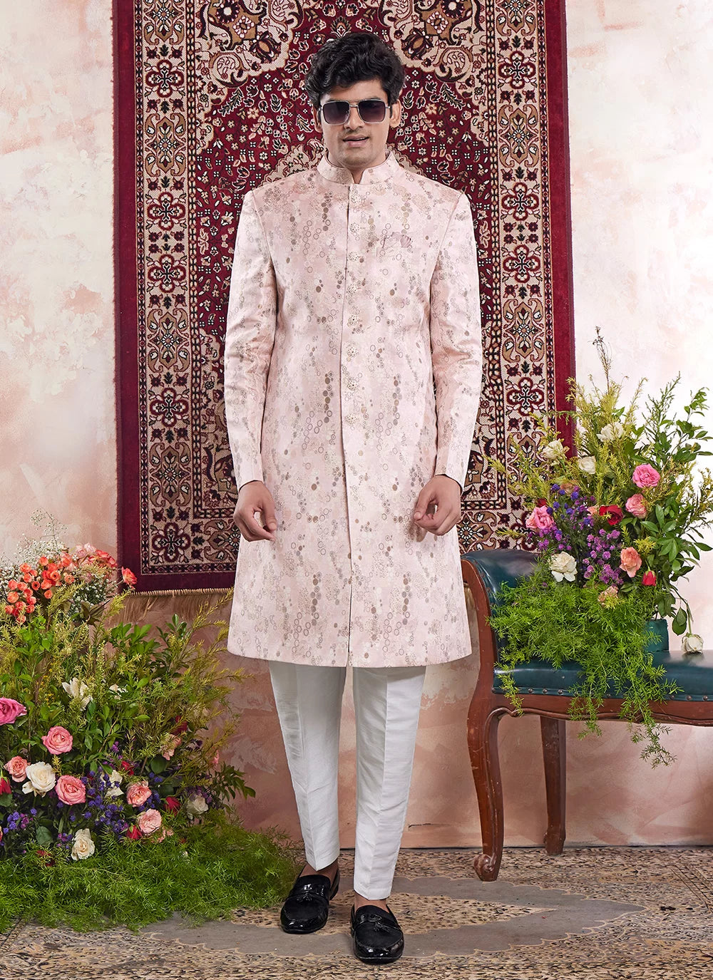 Raivat Ethnic Banarasi Jacquard Embroidery Indo Western Sherwani In Pink Colour