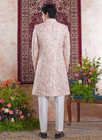 Raivat Ethnic Banarasi Jacquard Embroidery Indo Western Sherwani In Pink Colour