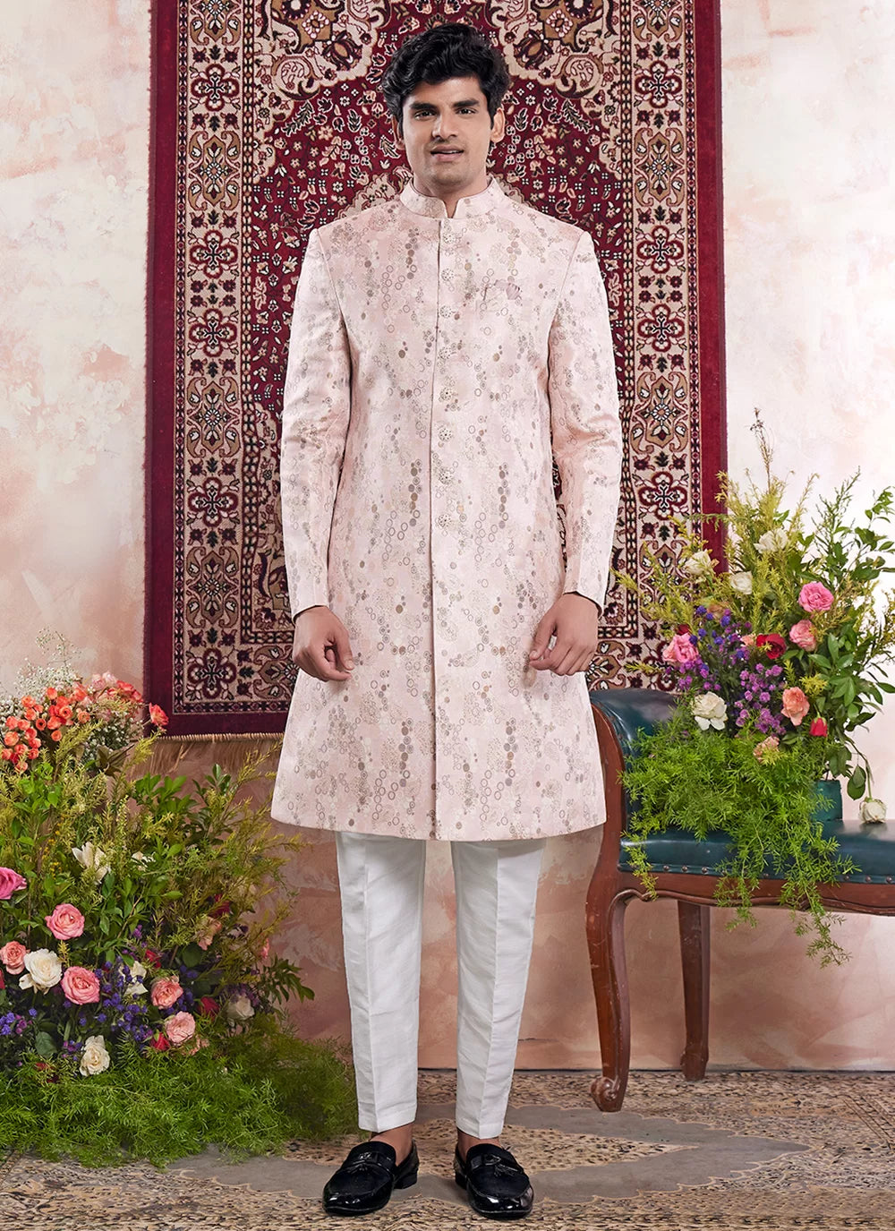 Raivat Ethnic Banarasi Jacquard Embroidery Indo Western Sherwani In Pink Colour