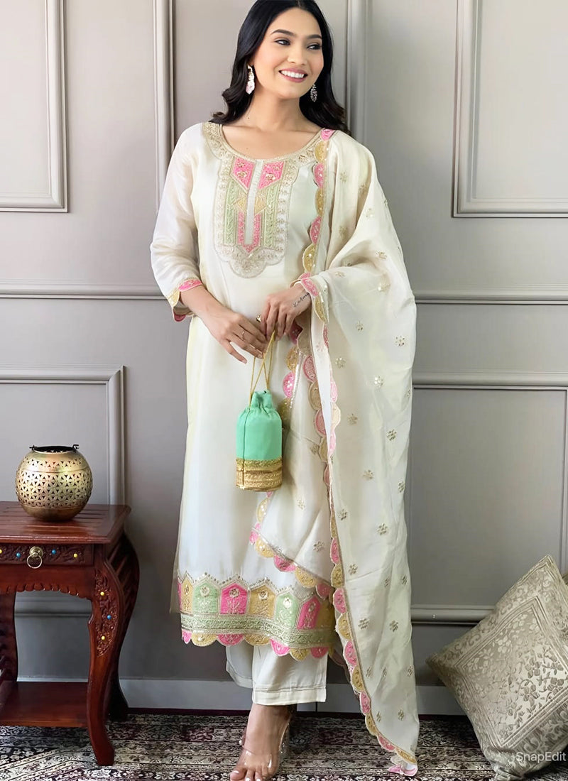 Vellora Viscose Chanderi White Festival Wear Sequins Work Readymade Kurti Set - Distacart