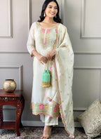 Vellora Viscose Chanderi White Festival Wear Sequins Work Readymade Kurti Set - Distacart