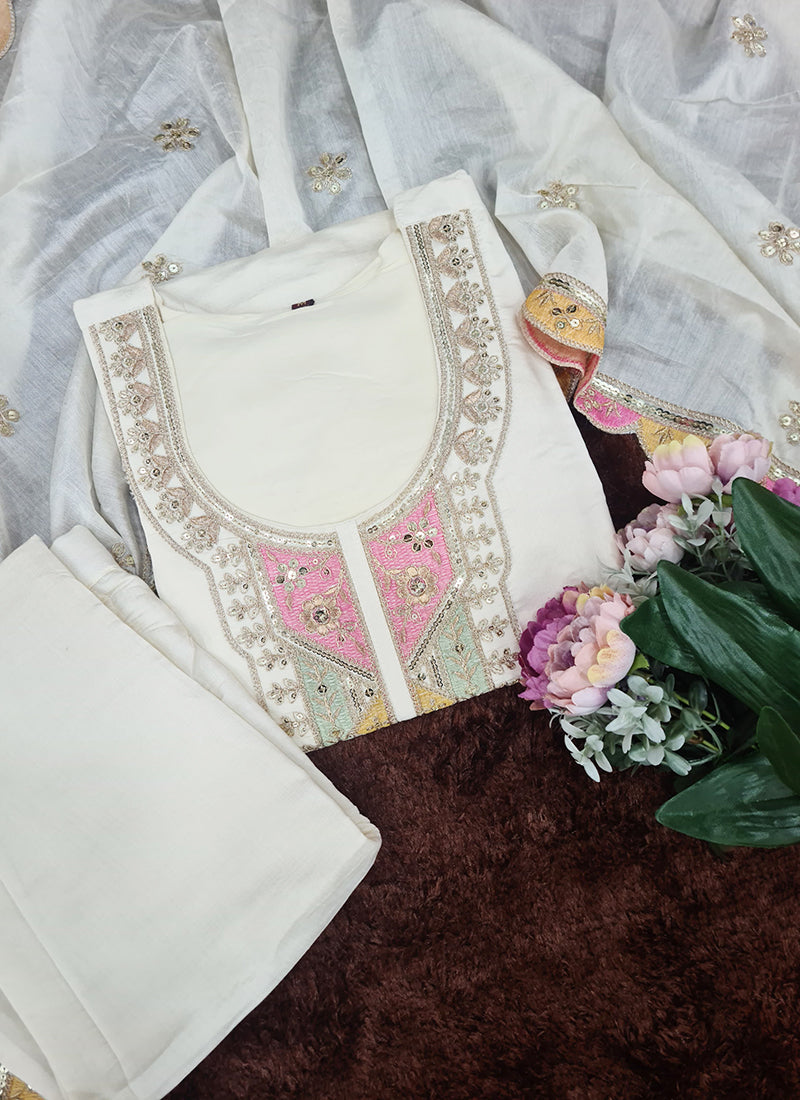 Vellora Viscose Chanderi White Festival Wear Sequins Work Readymade Kurti Set - Distacart