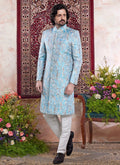 Raivat Ethnic Banarasi Jacquard Embroidery Indo Western Sherwani In Blue Colour