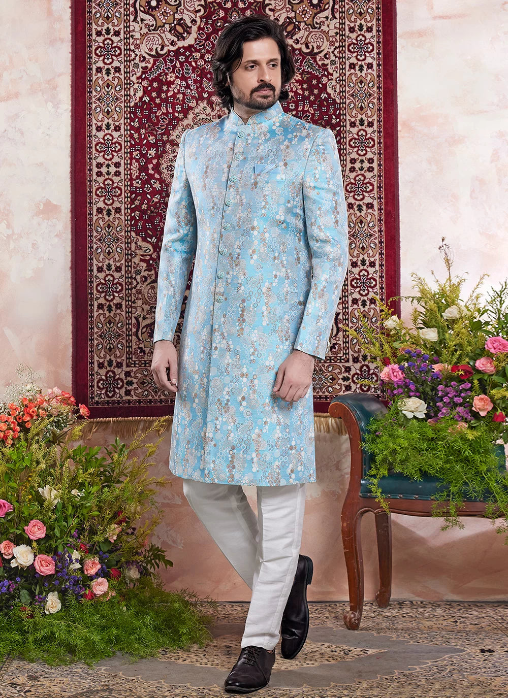 Raivat Ethnic Banarasi Jacquard Embroidery Indo Western Sherwani In Blue Colour