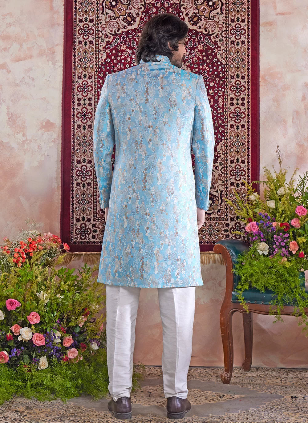 Raivat Ethnic Banarasi Jacquard Embroidery Indo Western Sherwani In Blue Colour
