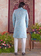 Raivat Ethnic Banarasi Jacquard Embroidery Indo Western Sherwani In Blue Colour