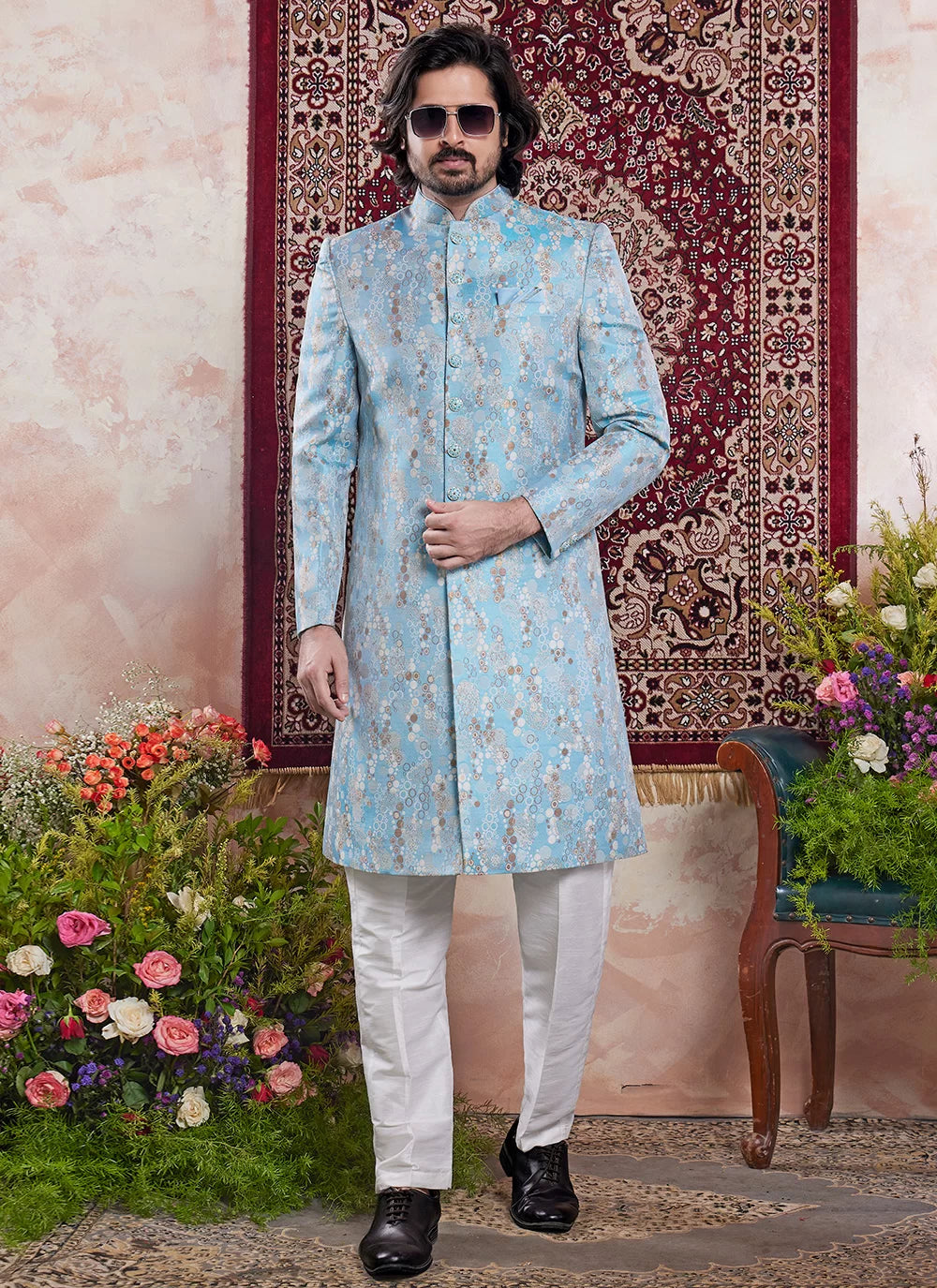 Raivat Ethnic Banarasi Jacquard Embroidery Indo Western Sherwani In Blue Colour