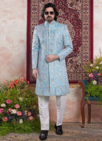 Raivat Ethnic Banarasi Jacquard Embroidery Indo Western Sherwani In Blue Colour