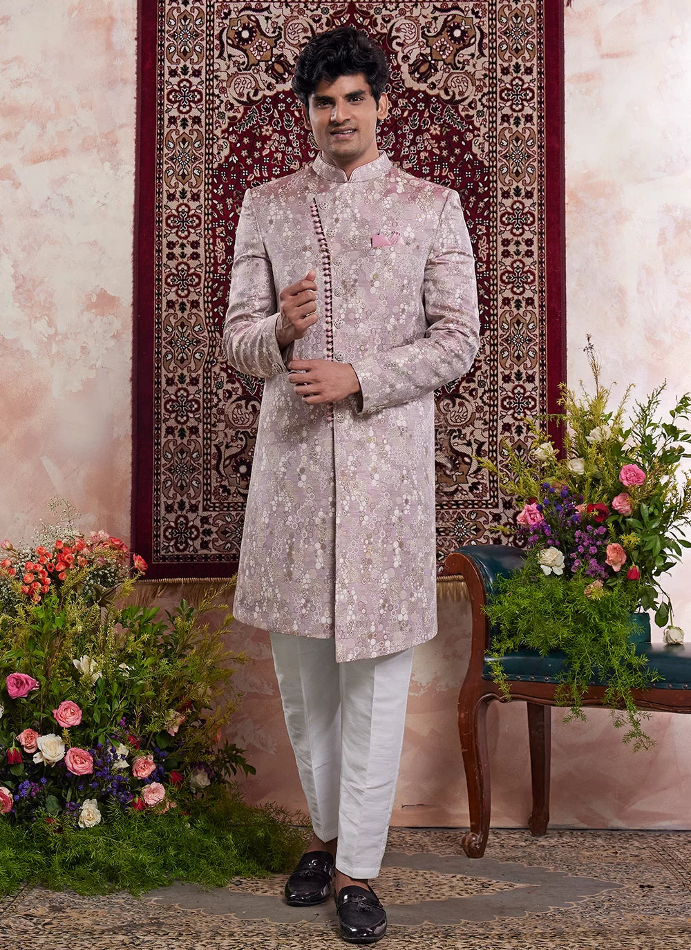 Raivat Ethnic Banarasi Jacquard Embroidery Indo Western Sherwani In Onion Pink Colour