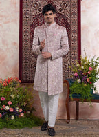 Raivat Ethnic Banarasi Jacquard Embroidery Indo Western Sherwani In Onion Pink Colour