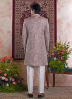 Raivat Ethnic Banarasi Jacquard Embroidery Indo Western Sherwani In Onion Pink Colour