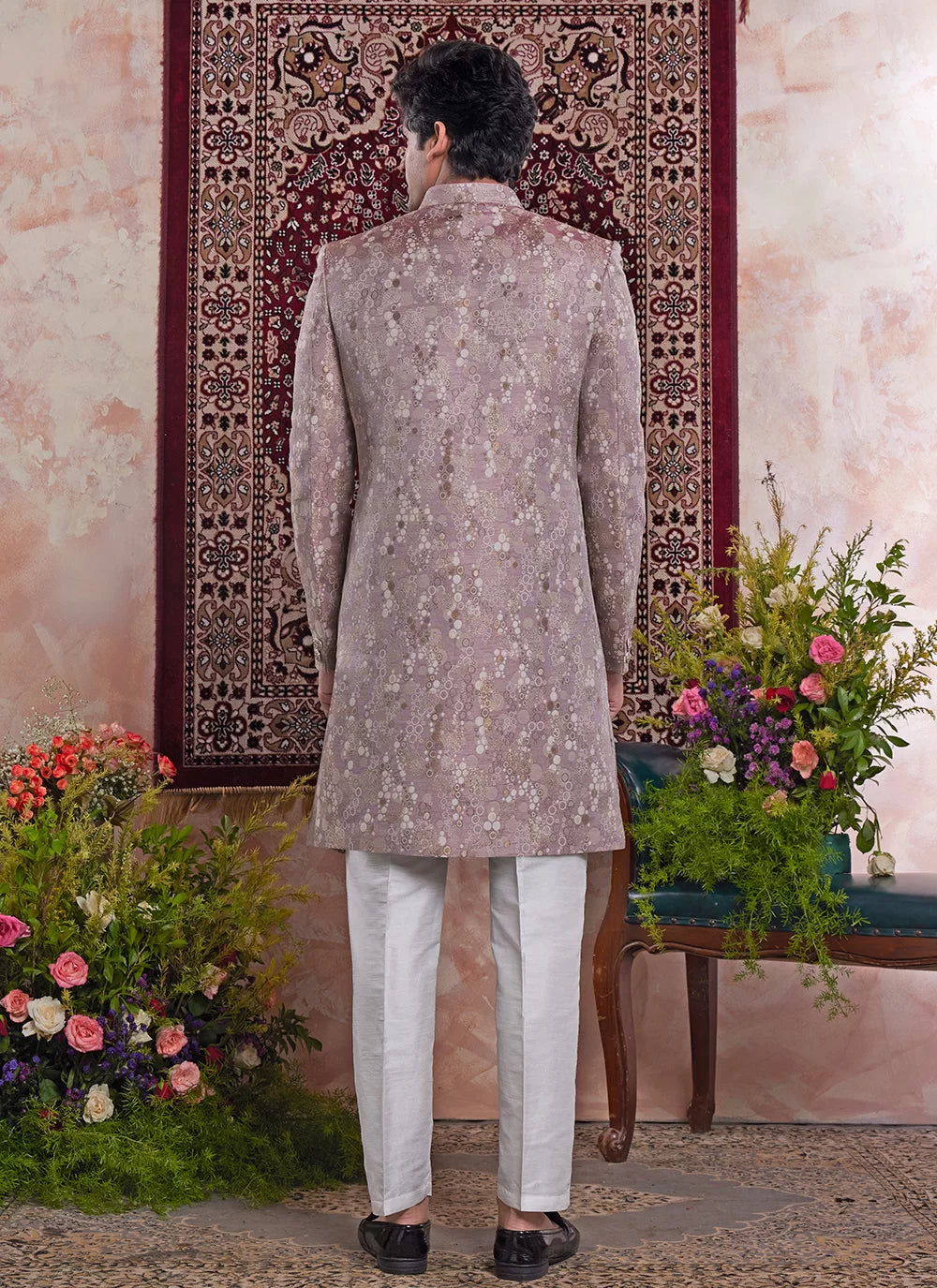Raivat Ethnic Banarasi Jacquard Embroidery Indo Western Sherwani In Onion Pink Colour