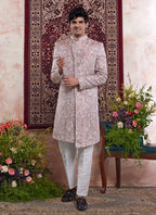 Raivat Ethnic Banarasi Jacquard Embroidery Indo Western Sherwani In Onion Pink Colour
